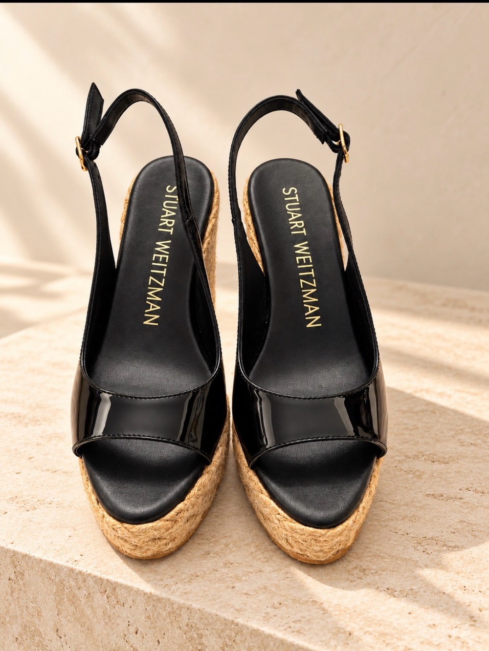 Stuart Weitzman Black Patent leather espadrilles wedge Sz 6.5